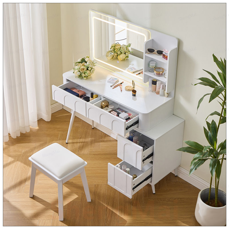 Ensemble de coiffeuse à maquillage moderne avec lumières DEL, miroir et coiffeuse à 4 tiroirs, conception peu encombrante pour la chambre à coucher