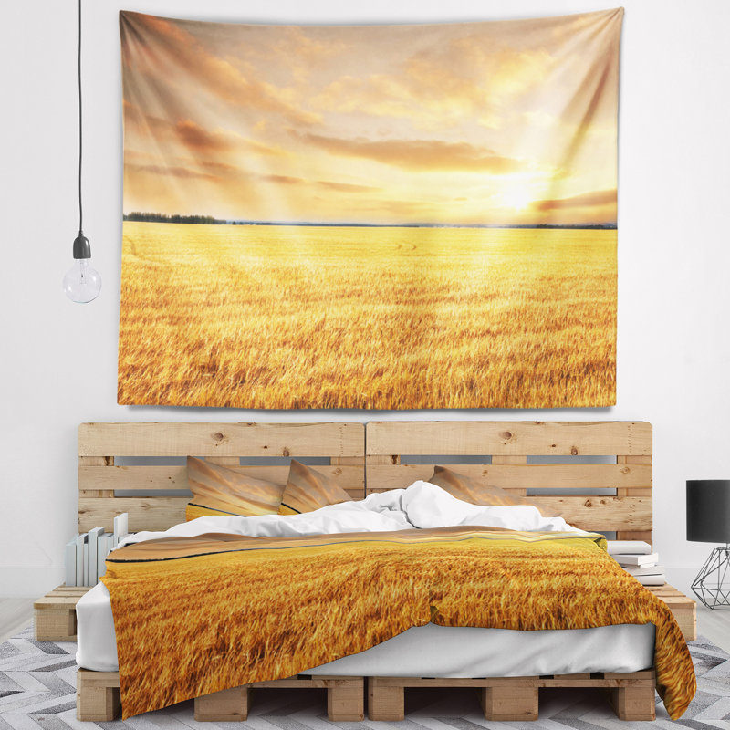 Paysage, grand champ sous un ciel nuageux, H 32 po x l 39 po