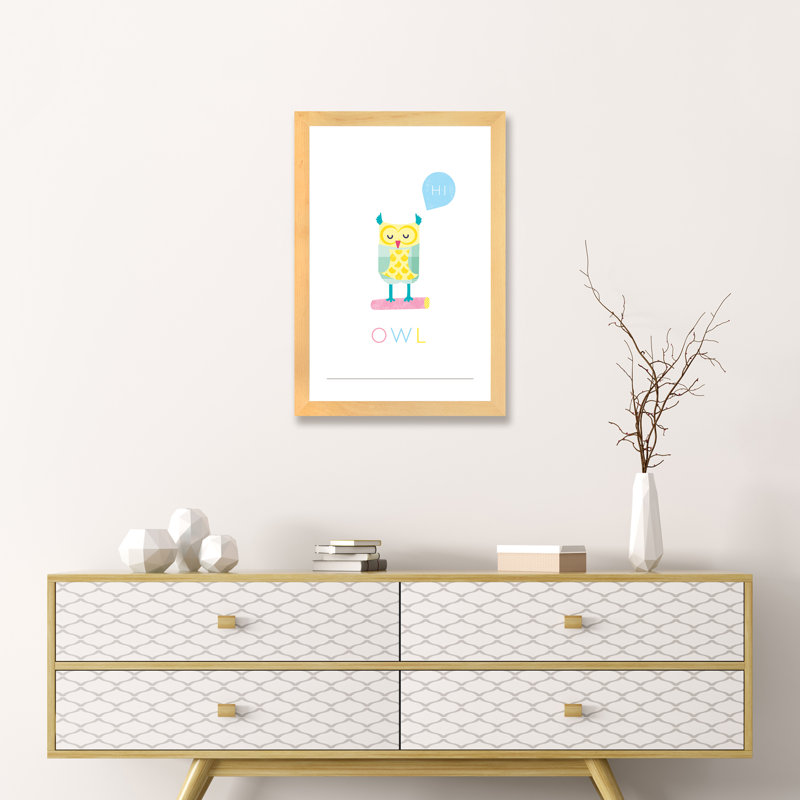 Chouette - impression d'art graphique, H 24 po x l 16 po x P 1 po, Blanc, Papier avec cadre beige