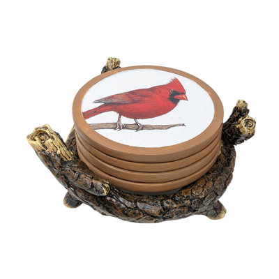 Resin Coaster Set with Twig Holder and Red Cardinal Bird Farmhouse Design