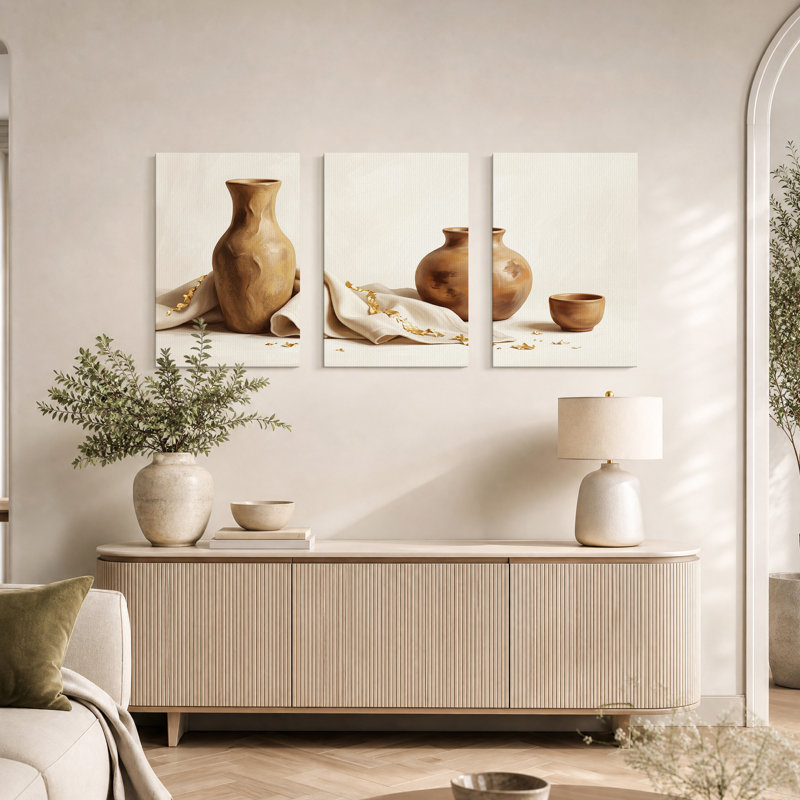 Ensemble de 3 vases en céramique bruns avec feuille d'or sur toile drapée, 18"H x 12"W x 3pcs
