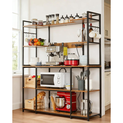 55 Inch Bakers Rack with Power Outlets, 4-Tier Kitchen Storage Shelf, Rustic Microwave Stand Coffee Bar with Pegboard & 6 Hooks
