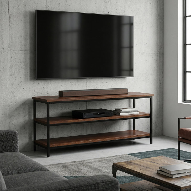 Meuble télé industriel en bois de manguier l 60 po avec 2 tablettes ouvertes et cadre en métal Skyler