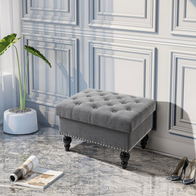 Lin gris 25 po avec couvercle amovible et plateau à boutons, banc de salon pour repose-pieds, pieds de rangement en bois cloutés, couvercle de rangement