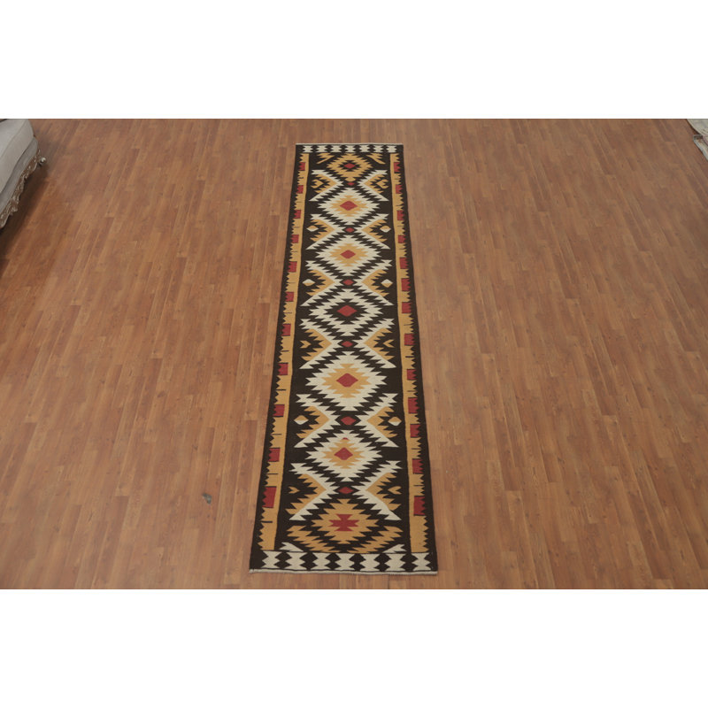 Tapis de couloir oriental géométrique en laine Kilim 3 x 13