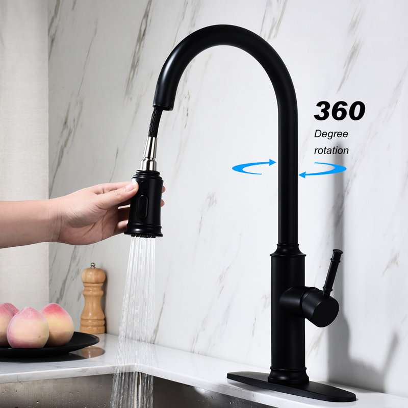 Kitchen Faucet With Pull Out , Single Lever, 360 Rotating High Nozzle In Matte Black Stainless Steel, Corrosion Surface, Aerators For A Splashless Watering Steel 360, Lever Easy Water Temperature And