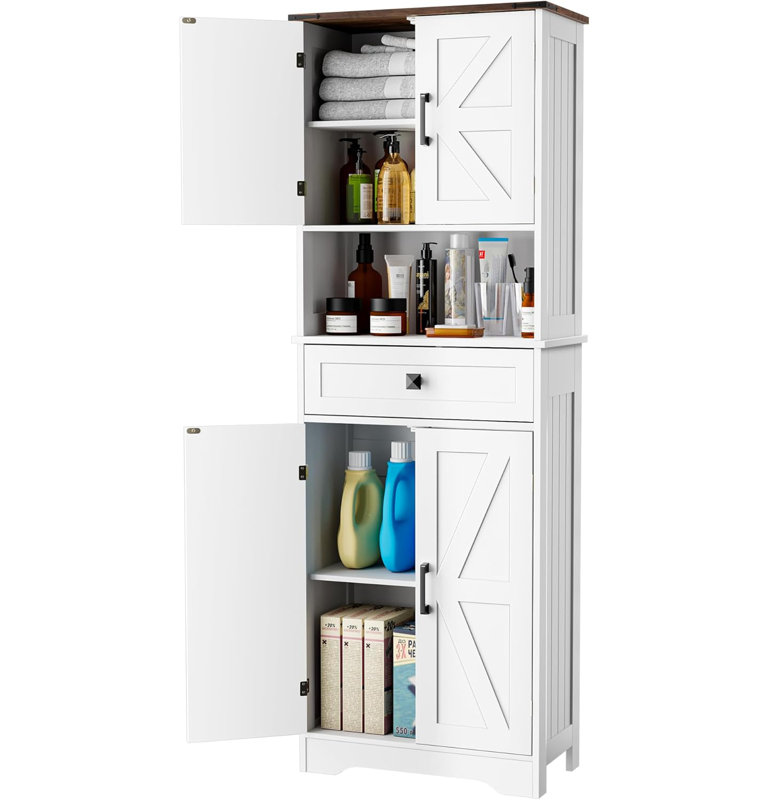 Armoire de rangement 67 po à 3 compartiments et 4 portes, armoire de rangement autoportante pour salle de bain avec tablette réglable, armoire de rangement Farmhouse