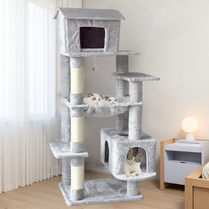 Arbre à chat 63 po multi-niveaux avec poteau à griffer et hamac perchoir en sisal pour chat avec grande cage de chat, Gris