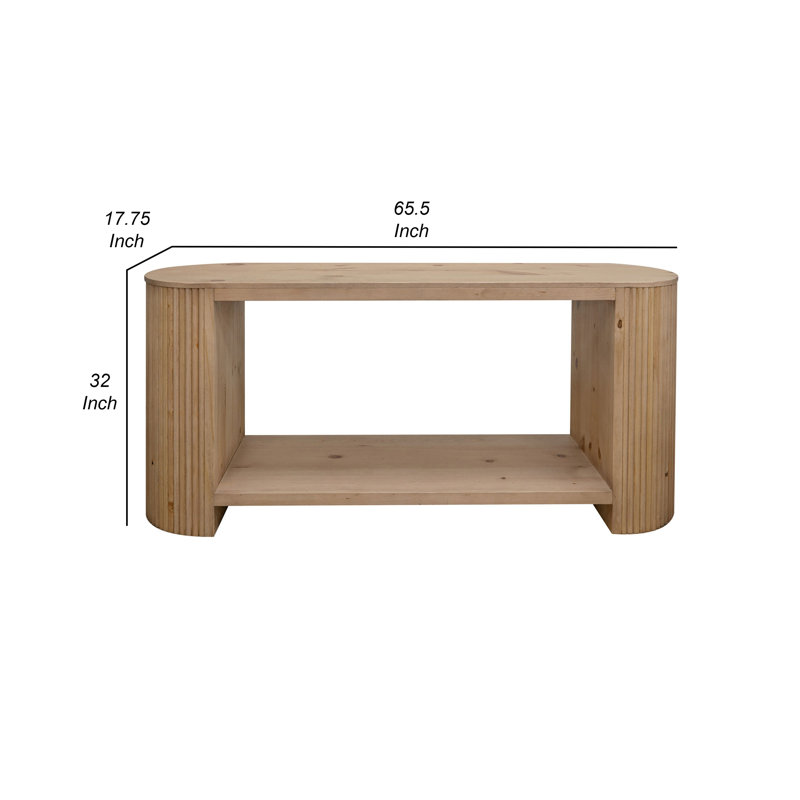 Izya 66 Inch Sofa Table, Bottom Shelf, Intricate Fluted Column Base, Brown