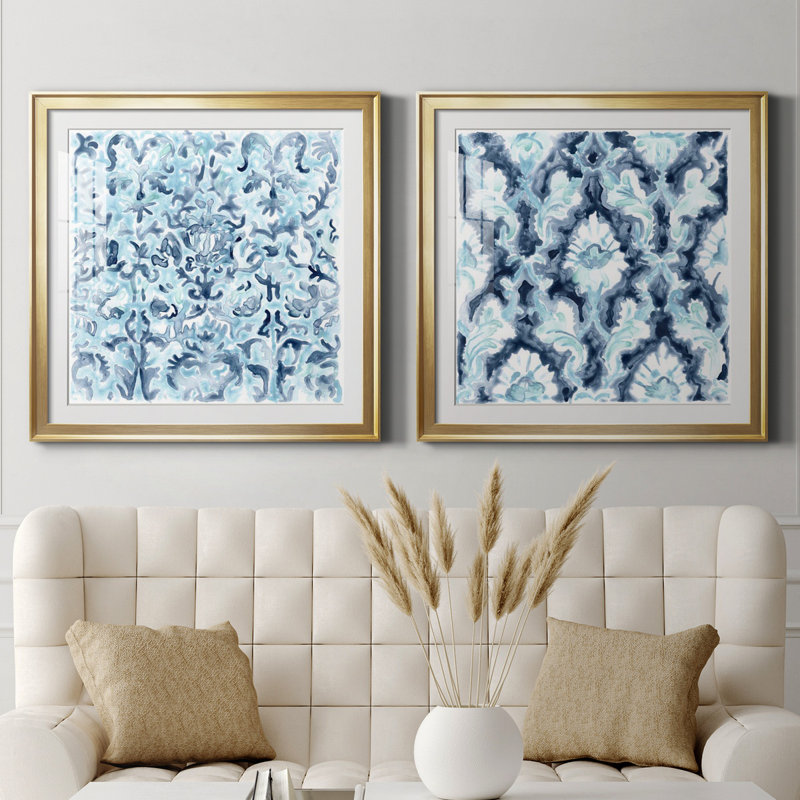 Carreau de mosaïque bleu azur III - Ensemble de cadres photo 2 pièces, H 34,5 po x l 69 po x P 1,5 po, Papier encadré doré