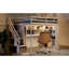 Lit mezzanine beige avec garde-robe intégrée, bureau d'étude, rangement ouvert et lumières à DEL, configuration d'espace pour les chambres d'adolescent et chambre à coucher double