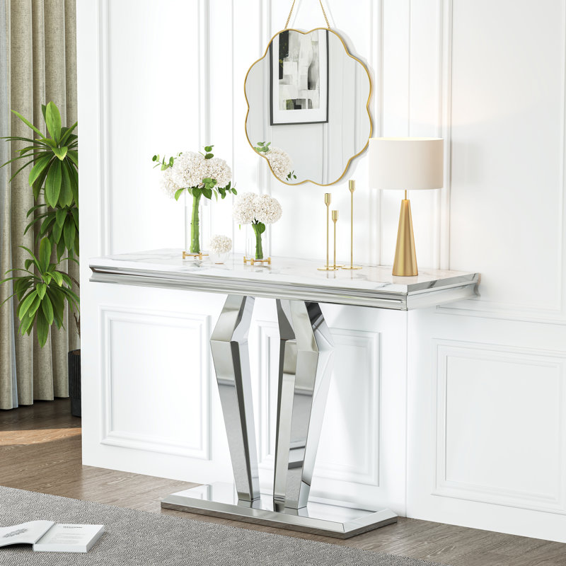46.8" Console Table With Faux Marble Top & Stainless Steel Frame, White/Silver