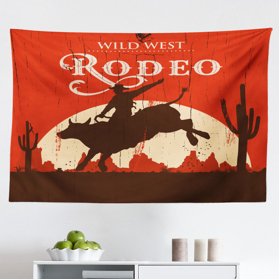 Wandbehang Rodeo Cowboy Reiten Stier hölzerne alte Zeichen Western-Stil Wildnis bei Sonnenuntergang