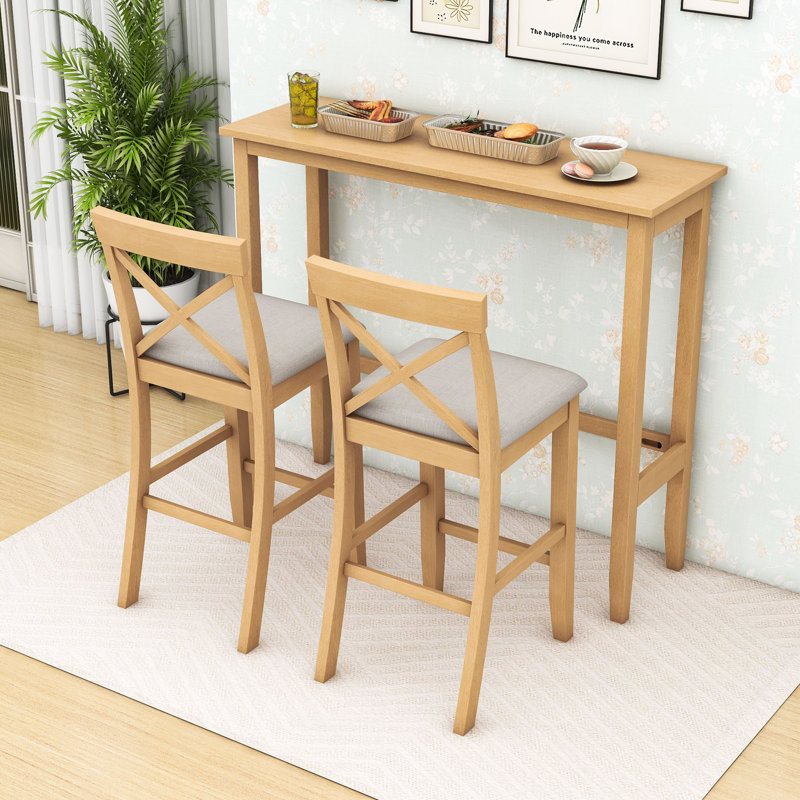 Ensemble de salle à manger 3 pièces à hauteur de bar rectangulaire en bois avec chaises rembourrées, Naturel