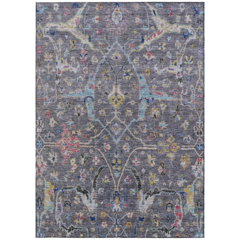 Tapis intérieur/extérieur lavable, 90 x 150 cm, gris, or et rouge à motifs floraux