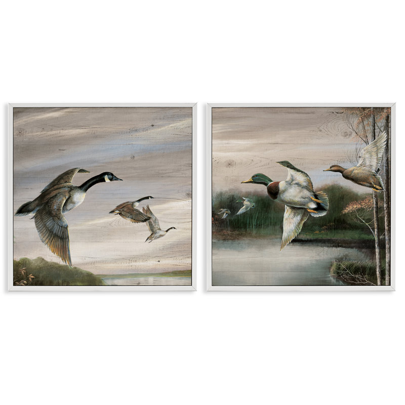 Oies et canards dans la nature, ensemble de 2 giclées encadrées, design par Ruane Manning, H 17 po x l 17 po