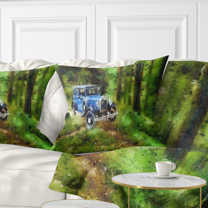 Coussin de peinture à l’huile de voiture rétro, 16 po x 1 po, Coussin décoratif
