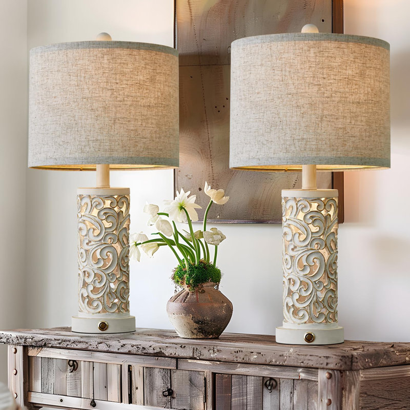 Vintage White Carved Base Table Lamp Set with Linen Shade