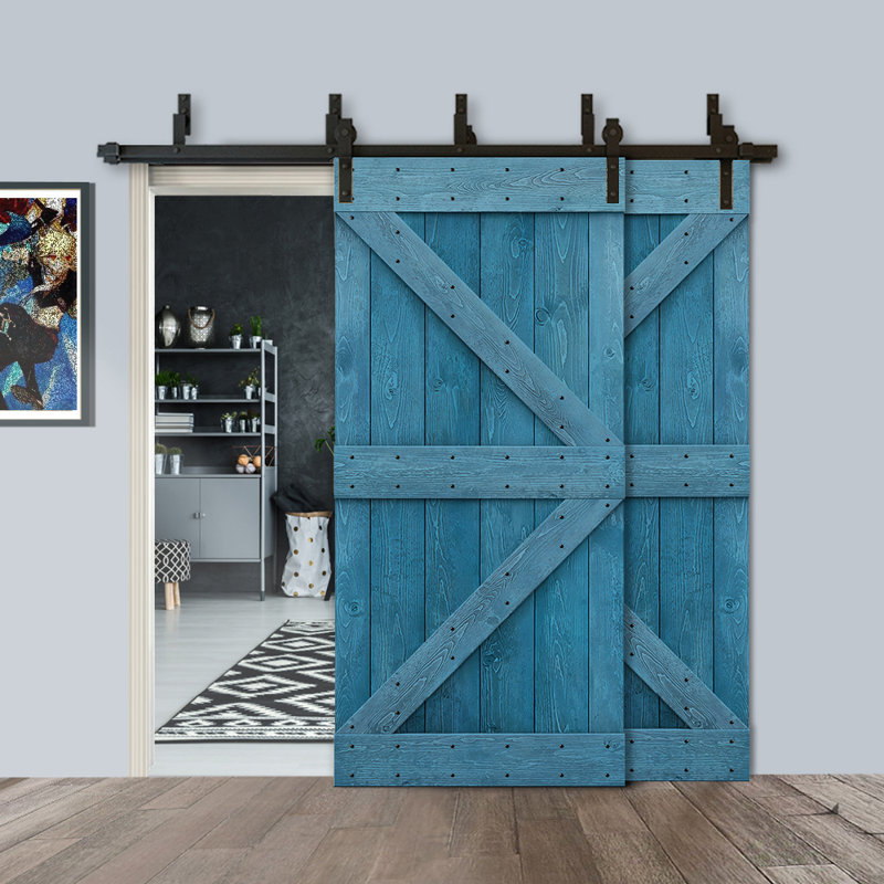 Porte de grange à panneaux et en bois avec quincaillerie d'installation, Bleu océan, 56 po x 84 po