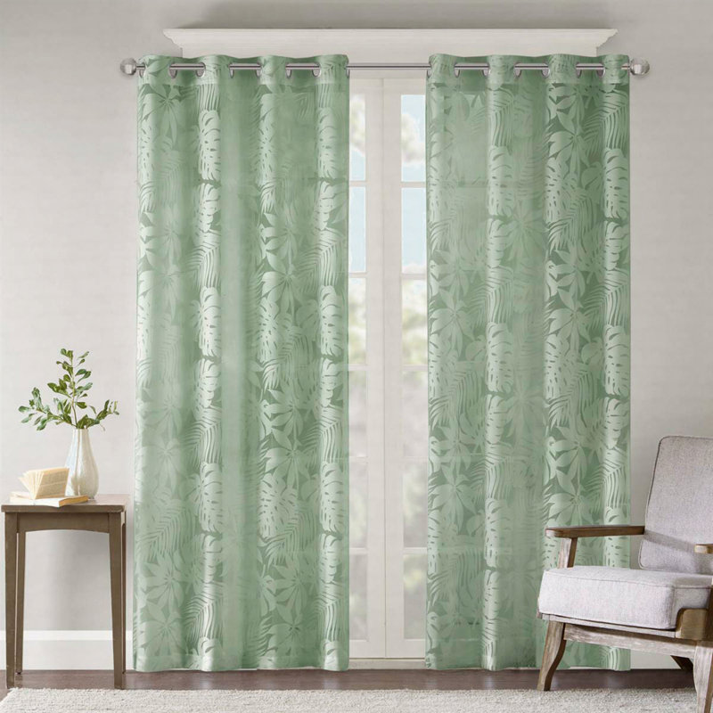 Palm Leaf Burnout Window Sheer(1 Sheer Curtain), 50" W x 84" L, Sage Green