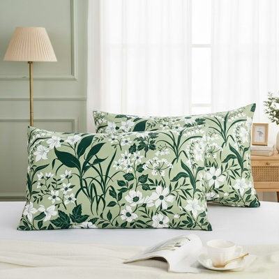 King Size Pillowcases Set of 2, 100% Cotton Pillow Cases, Vintage Green Floral Print, Soft Breathable Envelope Closure Pillow Covers(Standard, 20"x36")