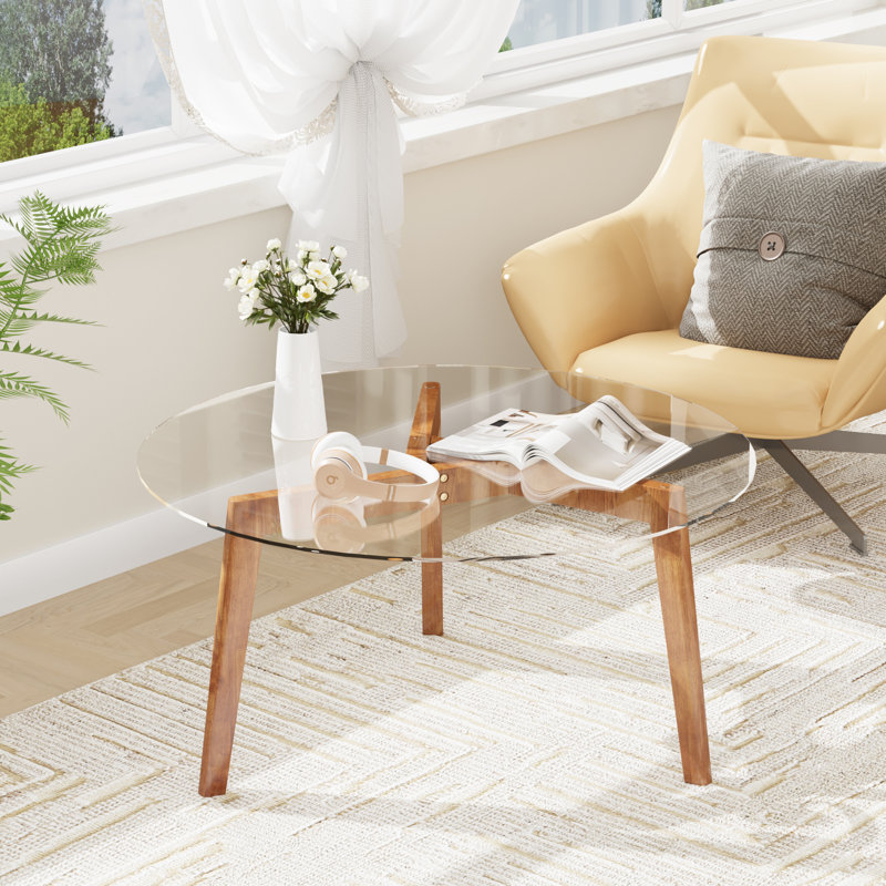 Glass Coffee Table, Small Round Coffee Tables With Solid Wood Legs, Mid Century Modern Center Table With Glass Top For Small Spaces, Living Room, 31.5x31.5x15.4