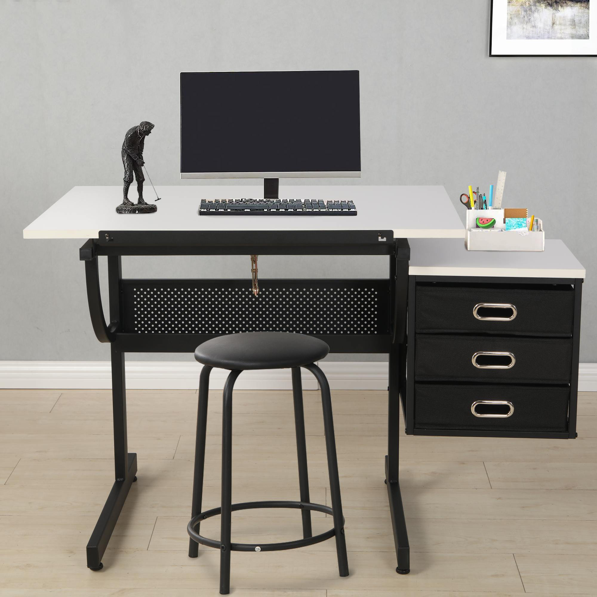 Inbox Zero Table de dessin et de dessin réglable avec tabouret Gwathney