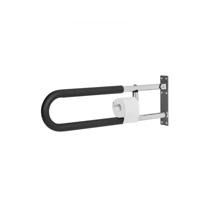 Toilet Safety Rail, 30 Inch U-Shaped Handicap Grab Bar, Foldable Senior Safety Pole, Flip Up Toilet Grab Bars with Anti-Slip Handle, 300 Lbs Load Capacity Security Handrail with Paper Holder