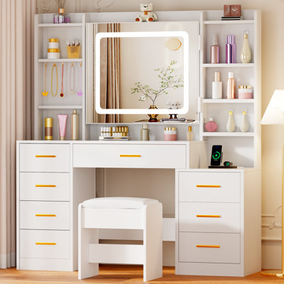 Coiffeuse 47,2 po avec 8 tiroirs, prise de courant et armoire de toilette Adriel