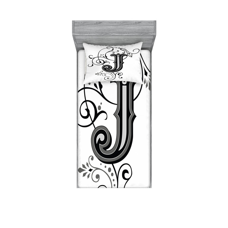 Drap-housse et coussin décoratif Ambesonne Lettre J noir gris blanc, Ensemble de draps pour lit simple très long + 3 p