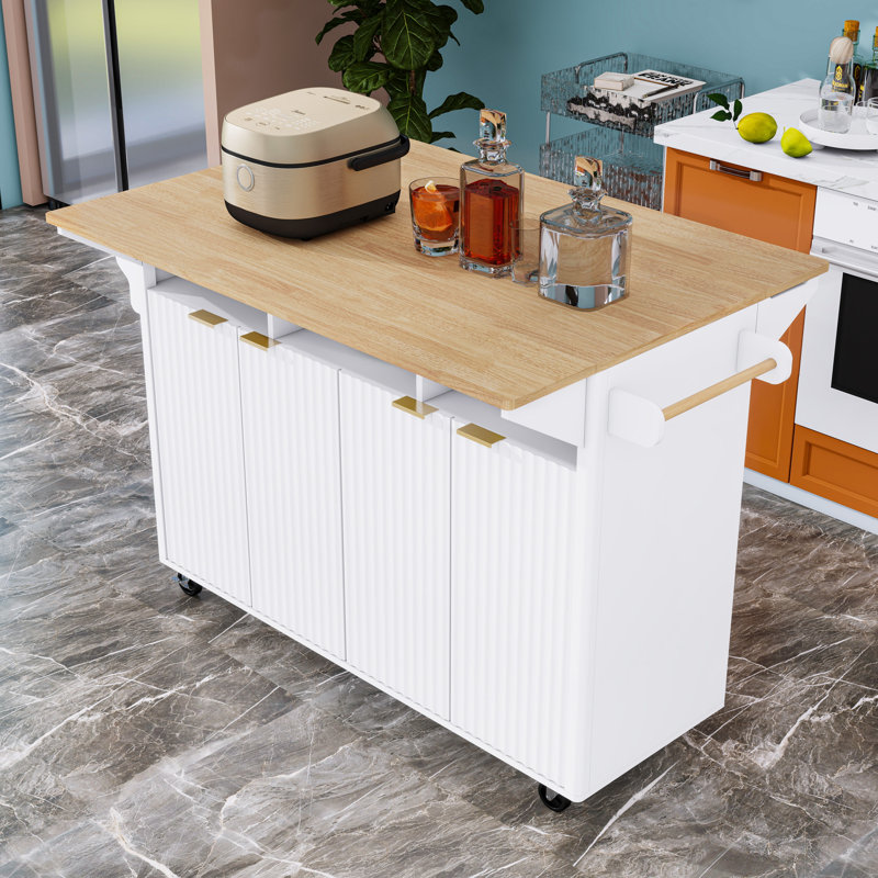 Kitchen Island Cart with 2 Drop Leaves, Power Outlet, Ample Storage and Spice Rack, Natural/White