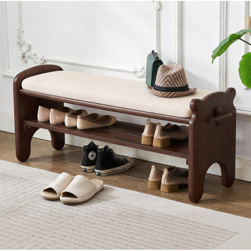 Banc de hall d'entrée moderne avec cadre en bois et tablette de rangement inférieure pour chaussures