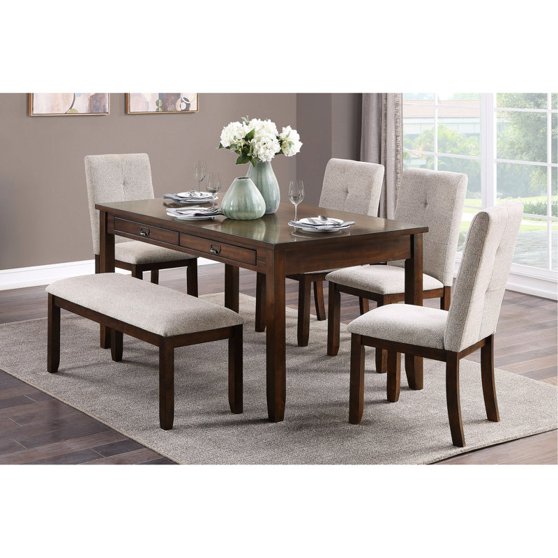 Ensemble de salle à manger 6 pièces cerise foncée avec tiroirs fonctionnels - table, banc, revêtement en chenille pour 4 chaises