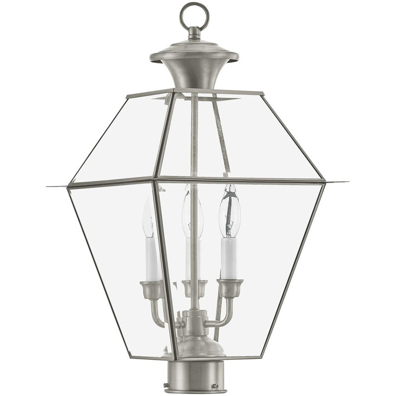 12 Inch 3 Light Outdoor Post Lantern with Clear Beveled Shade, Brushed Nickel