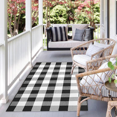 Gracie Oaks Buffalo Plaid Outdoor Rug Grey 27.5 x 43 Inches Cotton Hand-Woven Checkered Front Door Mat, Washable Gray Outdoor Rugs for Layered Door Mats Porch/Fro