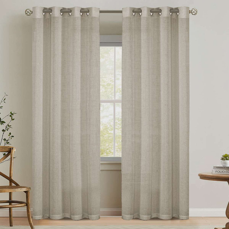 Linen Grommet Curtains for Living Room 2 Panel Drape Semi Sheer Neutral Country Rustic Farmhouse Boho Curtain Bedroom Muslin Look Light Filtering