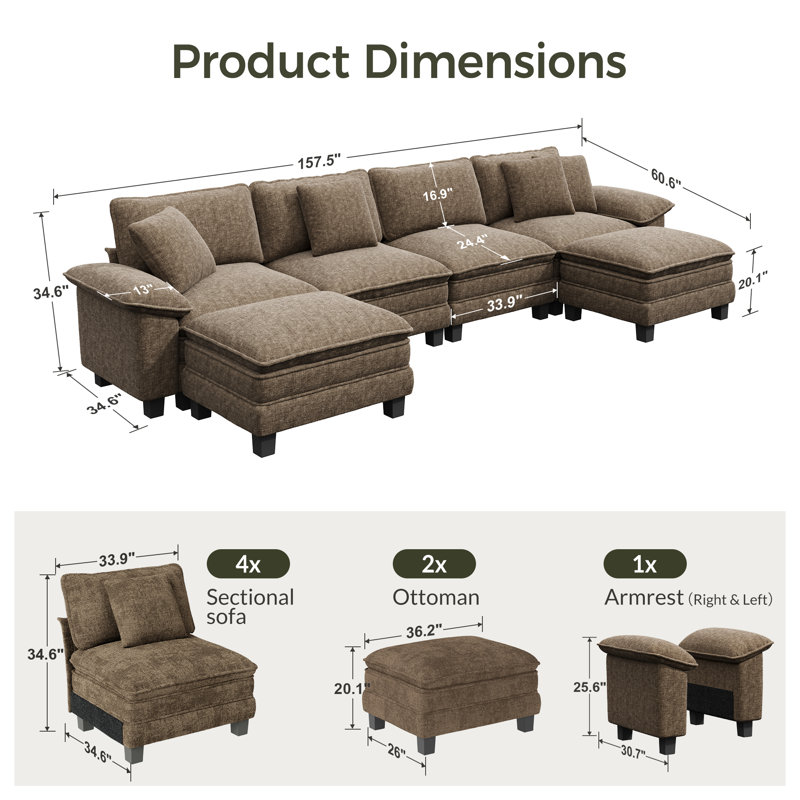 158" Modular Sectional Sofa, Oversized U Shaped Couches With Ottomans, 6-seater Deep Seat Sofa With Throw Pillow