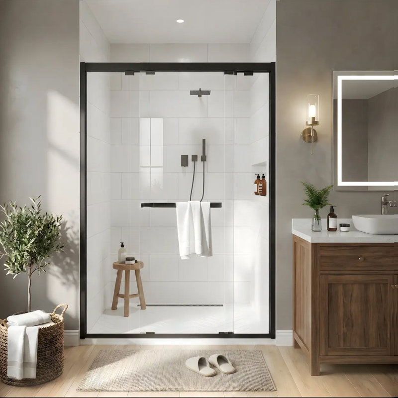 Sliding Framed Shower Door In Black Finish With Clear Glass, Black