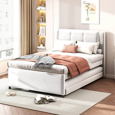 Full Size Upholstery platform bed with Trundle,Trundle can be flat or erected, Beige