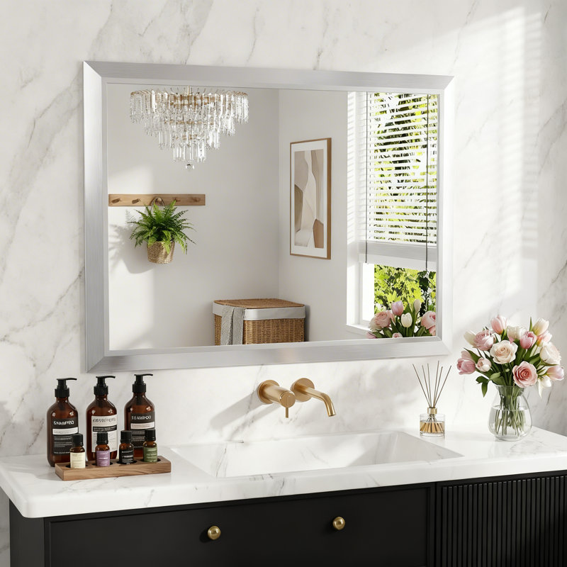 Miroir de salle de bain en verre trempé épais de haute qualité, 40 po x 30 po, Argent argent