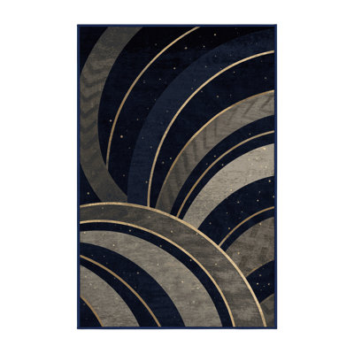 Machine Washable Orys Art Deco Arc Rug in Gray – Navy Binding