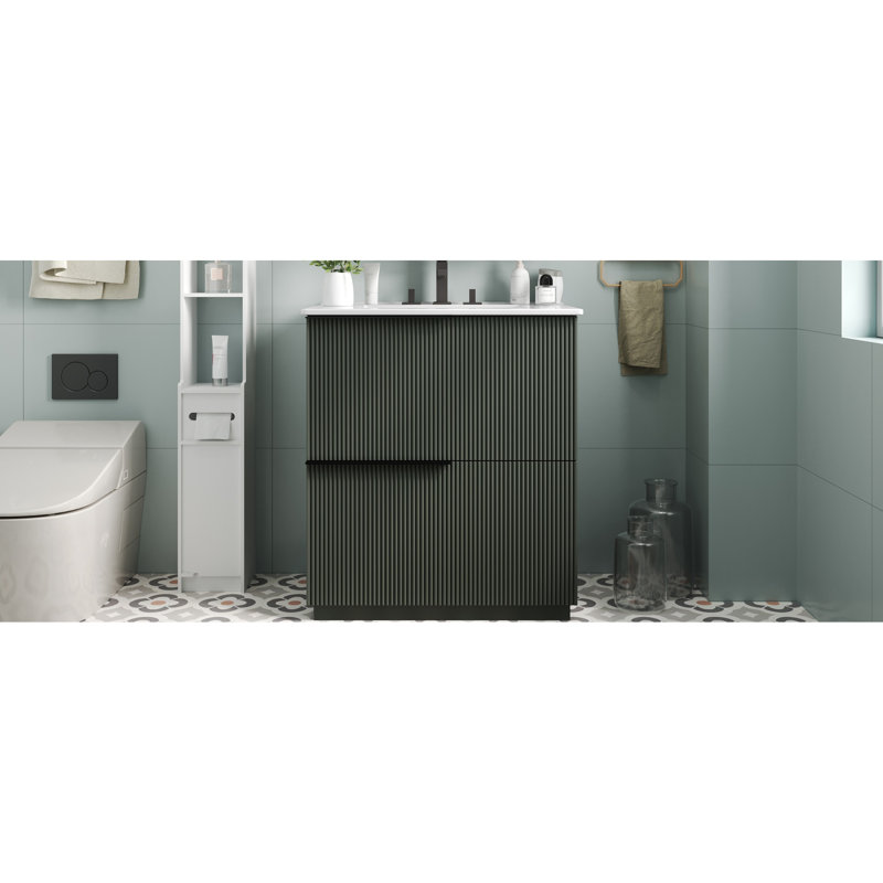 30" Bathroom Vanity Having A Ceramic Sink, Full - Extension Drawers And Soft Close Undermount Slides For Functionality With Drawer Handcrafted Fluted Design Elegant Ambiance