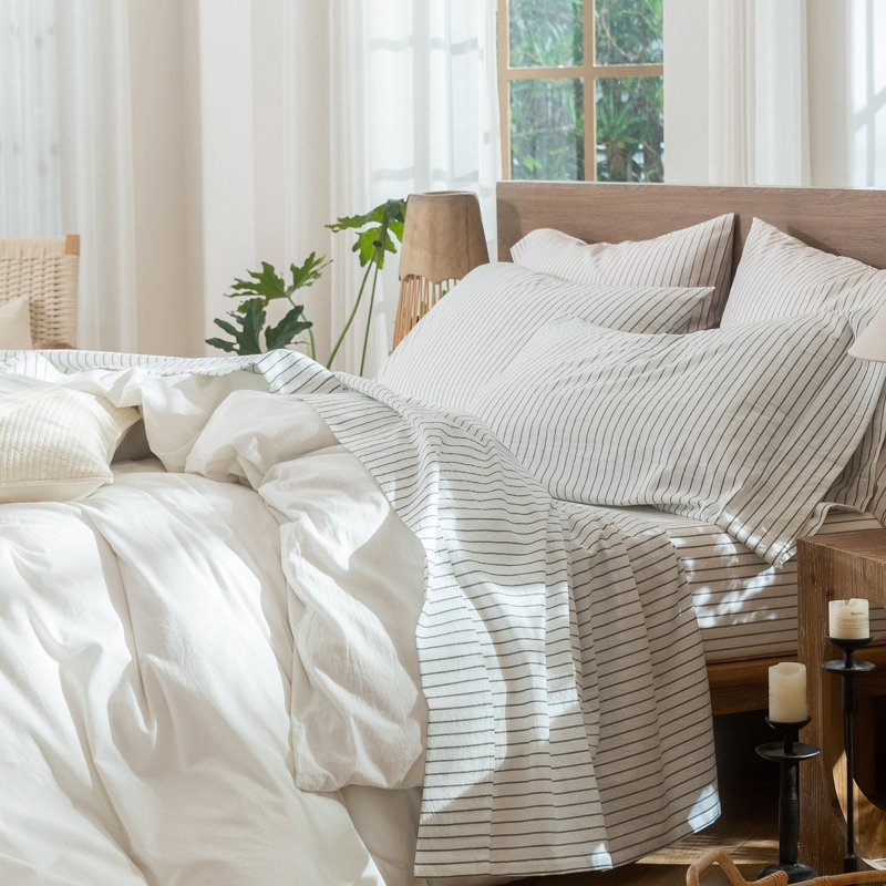 MooMee Striped Sheet Set 100% Washed Cotton Linen Like Textured Breathable Lightweight, Queen Sheet Set with 2 Pillowcases