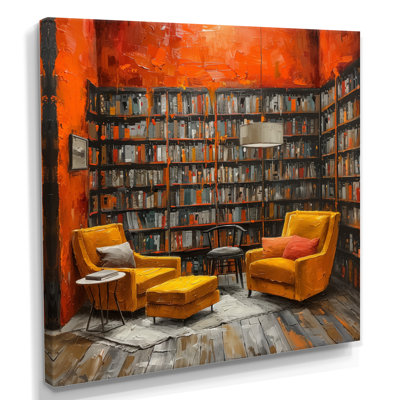 Yellow Cozy Library Bookshelves Bliss - Libraries Wall Art Living Room