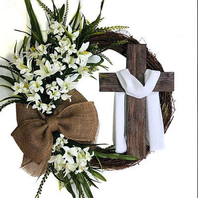 Couronne de Pâques avec arc en toile de jute, couronne de printemps pour la porte d'entrée, décoration de couronne de Pâques, décoration suspendue en bois, cintre de Jésus pour maison de patio, porche, mur, cadeau chrétien