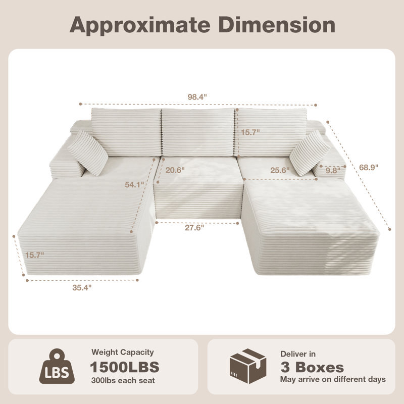 98" U-Shaped Compression Sectional, Corduroy Cloud Couch, White, White Corduroy