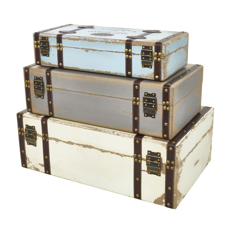 Multi Colored Wooden Nesting Decorative Trunk with Vintage Accents and Studs, Set of 3
