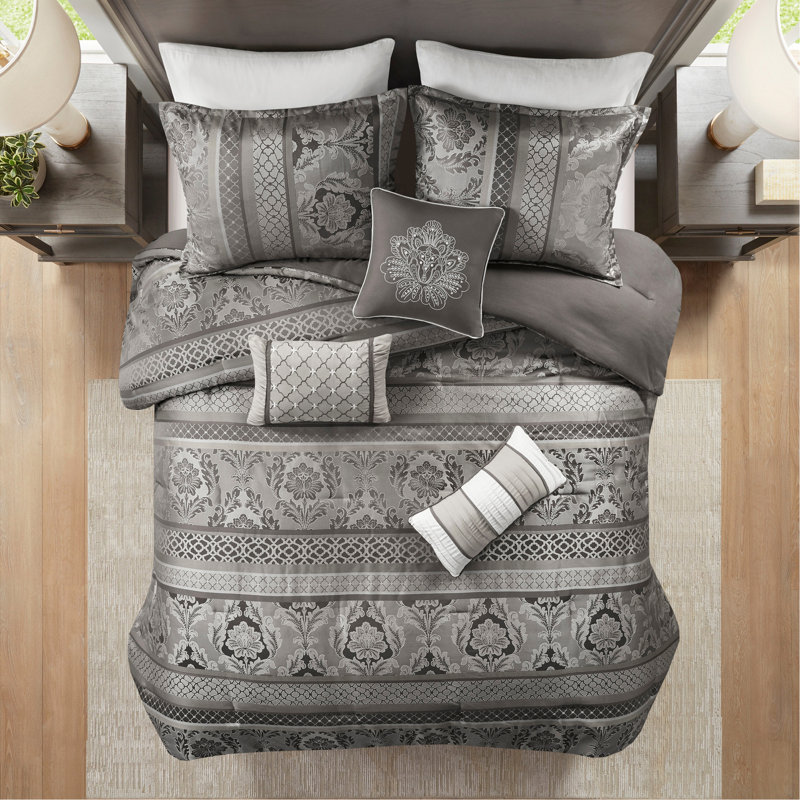 Ensemble d'édredon 7 pièces jacquard gris, Gris, Édredon de très grande taille et 6 pièces suppl