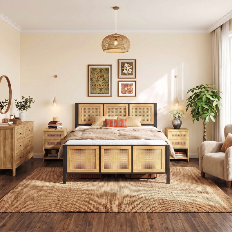Vena Boho Style Queen Bed Frame with Rattan Headboard and Footboard, No Box Spring Needed, Iron Platform Bed With Stable Metal Frame