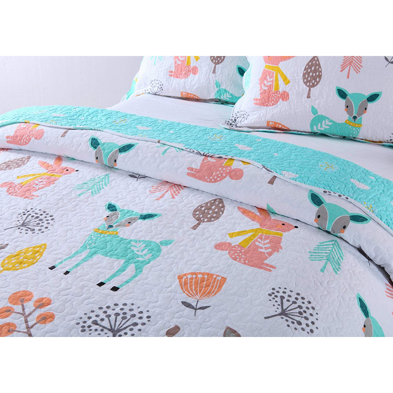Ensemble de courtepointe réversible en coton avec imprimé de cerfs p-xl1804, Courtepointe double et 2 taies décoratives